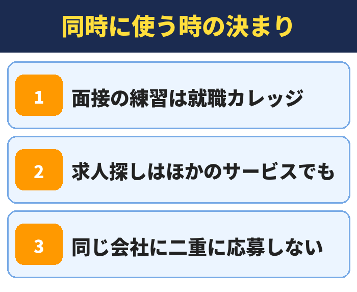 就職カレッジ|同時に使う時の決まり(面接の練習は就職カレッジ・求人探しはほかのサービスでも・同じ会社に二重に応募しない)