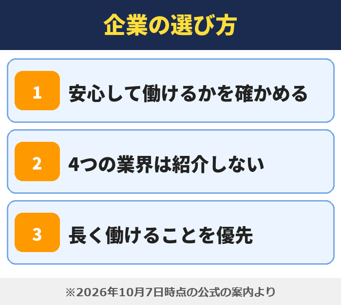 就職カレッジ|企業の選び方(安心して働けるかを確かめる・4つの業界は紹介しない・長く働けることを優先)
