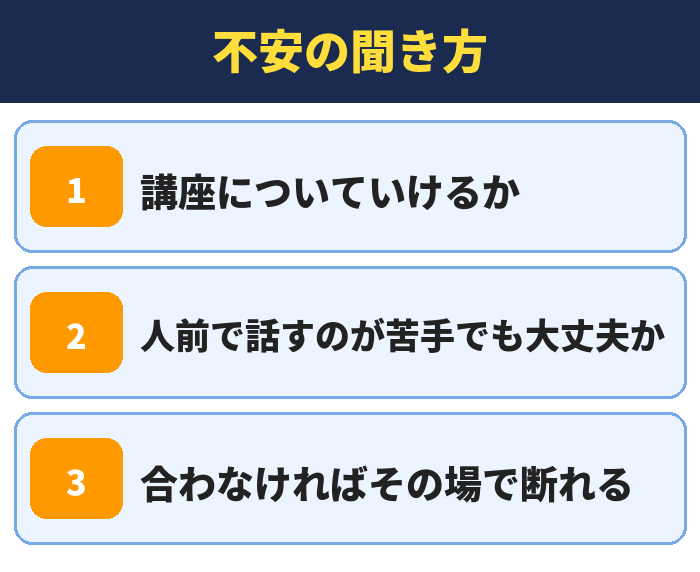 就職カレッジ|不安の聞き方(講座についていけるか・人前で話すのが苦手でも大丈夫か・合わなければその場で断れる)