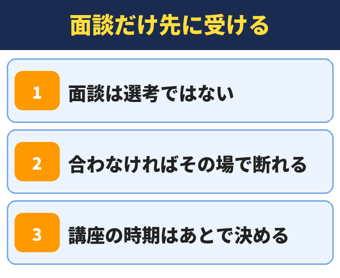 就職カレッジ|面談だけ先に受ける(面談は選考ではない・合わなければその場で断れる・講座の時期はあとで決める)