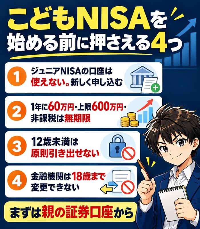 こどもNISAを始める前に押さえる4つ。ジュニアNISAの口座は使えないので新しく申し込む、1年に60万円・上限600万円・非課税は無期限、12歳未満は原則引き出せない、金融機関は18歳まで変更できない。まずは親の証券口座から