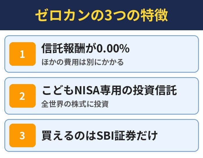 ゼロカンの3つの特徴。信託報酬が0.00%（ほかの費用は別にかかる）、こどもNISA専用の投資信託（全世界の株式に投資）、買えるのはSBI証券だけ