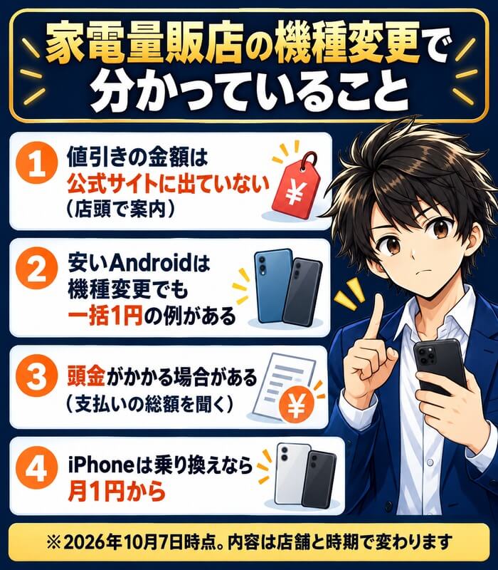 家電量販店の機種変更で分かっていること。値引きの金額は公式サイトに出ていない（店頭で案内）、安いAndroidは機種変更でも一括1円の例がある、頭金がかかる場合がある（支払いの総額を聞く）、iPhoneは乗り換えなら月1円から