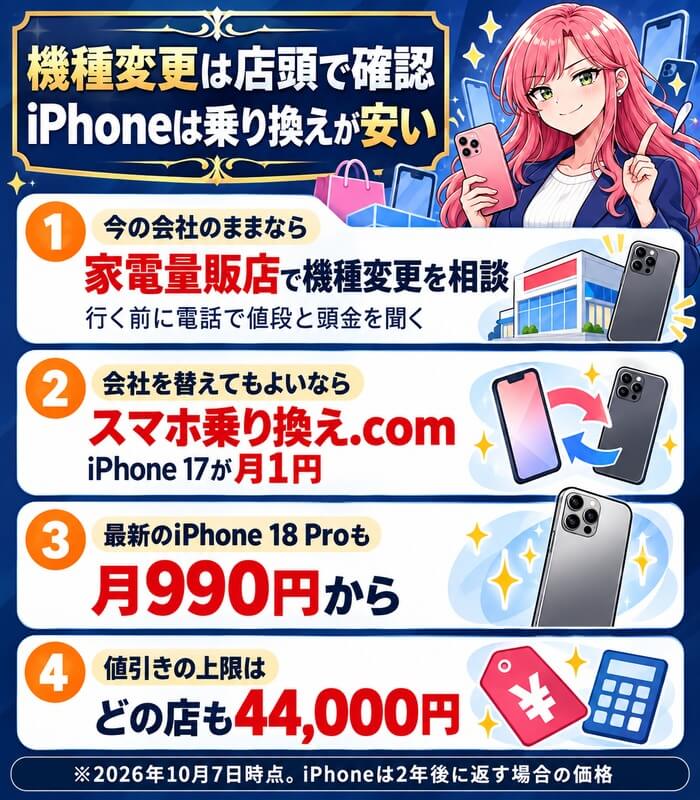 機種変更は店頭で確認、iPhoneは乗り換えが安い。今の会社のままなら家電量販店で機種変更を相談（行く前に電話で値段と頭金を聞く）、会社を替えてもよいならスマホ乗り換え.com（iPhone 17が月1円）、最新のiPhone 18 Proも月990円から、値引きの上限はどの店も44,000円