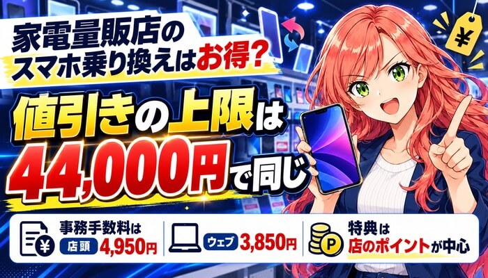家電量販店のスマホ乗り換えはお得？値引きの上限は44,000円で同じ。事務手数料は店頭4,950円・ウェブ3,850円