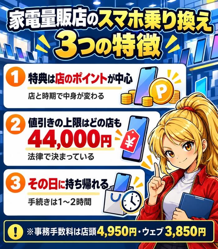 家電量販店のスマホ乗り換え3つの特徴。特典は店のポイントが中心、値引きの上限はどの店も44,000円、その日に持ち帰れる。事務手数料は店頭4,950円・ウェブ3,850円