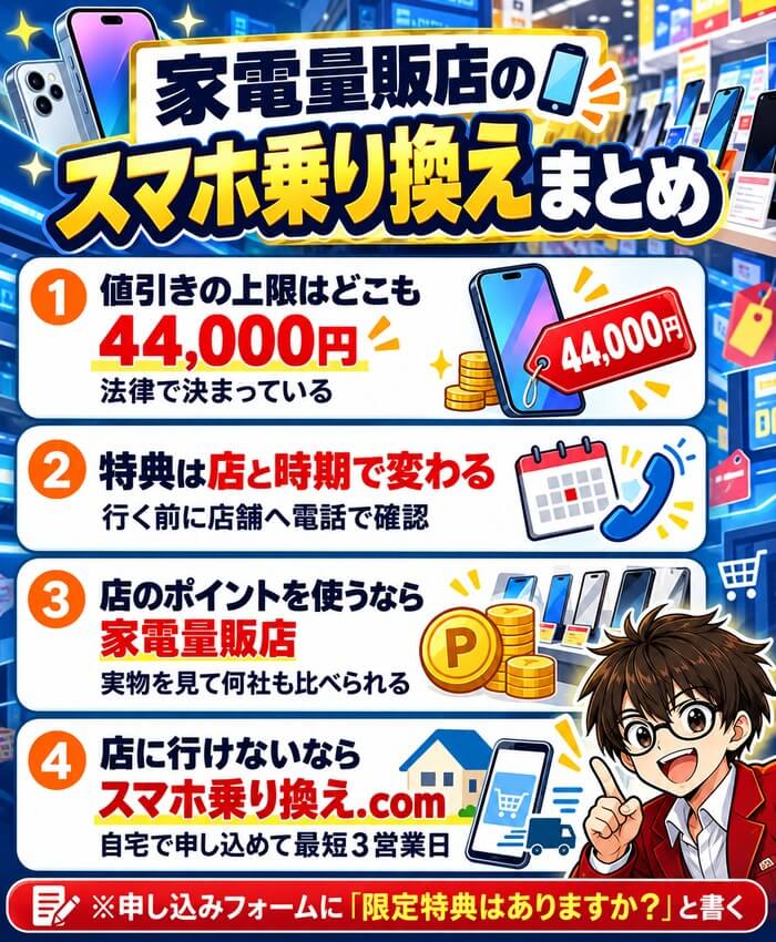 値引きの上限はどこも44,000円、特典は店と時期で変わる、店のポイントを使うなら家電量販店、店に行けないならスマホ乗り換え.com