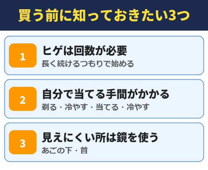 買う前に知っておきたい3つ。ヒゲは回数が必要、自分で当てる手間がかかる(剃る・冷やす・当てる・冷やす)、見えにくい所は鏡を使う(あごの下・首)