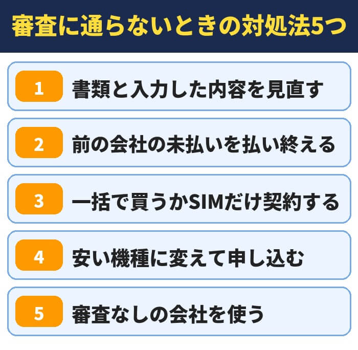 携帯の審査に通らないときの対処法5つ。書類と入力した内容を見直す、前の会社の未払いを払い終える、一括で買うかSIMだけ契約する、安い機種に変えて申し込む、審査なしの会社を使う
