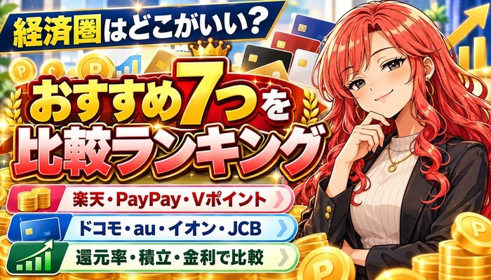 経済圏はどこがいい？おすすめ7つを比較ランキング。楽天・PayPay・Vポイント・ドコモ・au・イオン・JCBを還元率・積立・金利で比較
