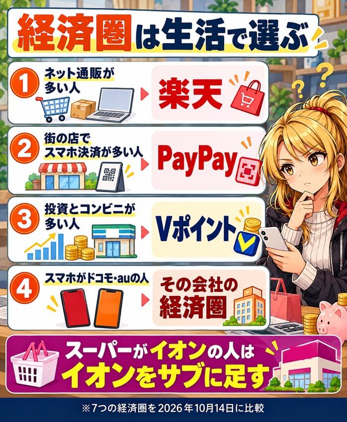 経済圏は生活で選ぶ。ネット通販が多い人は楽天、街の店でスマホ決済が多い人はPayPay、投資とコンビニが多い人はVポイント、スマホがドコモ・auの人はその会社の経済圏。スーパーがイオンの人はイオンをサブに足す