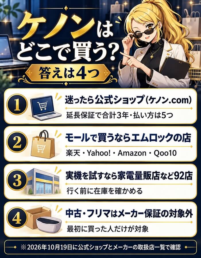 ケノンはどこで買う?答えは4つ。迷ったら公式ショップ(延長保証で合計3年・払い方は5つ)、モールで買うならエムロックの店(楽天・Yahoo!・Amazon・Qoo10)、実機を試すなら家電量販店など92店、中古・フリマはメーカー保証の対象外
