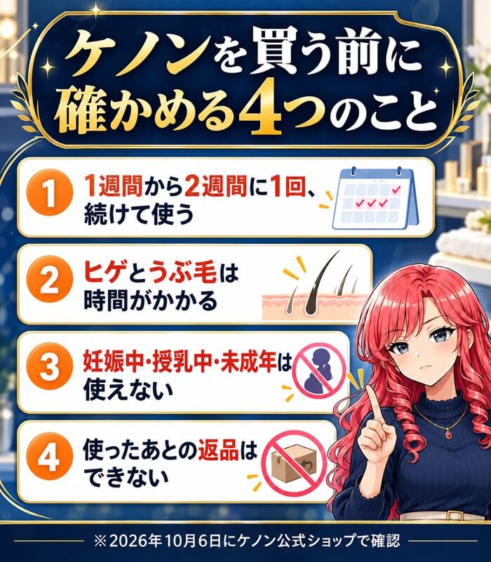 ケノンを買う前に確かめる4つのこと。1週間から2週間に1回続けて使う、ヒゲとうぶ毛は時間がかかる、妊娠中・授乳中・未成年は使えない、使ったあとの返品はできない。2026年10月6日にケノン公式ショップで確認