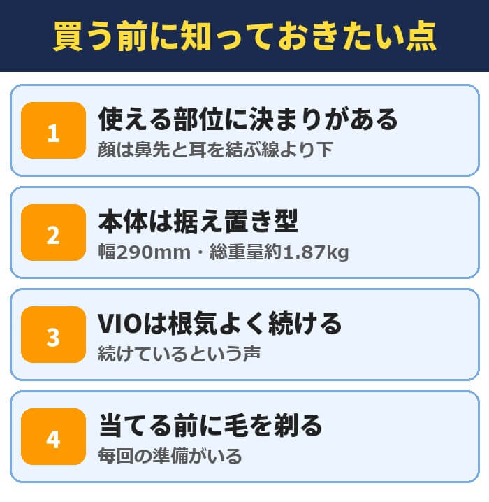 買う前に知っておきたい点。使える部位に決まりがある(顔は鼻先と耳を結ぶ線より下)、本体は据え置き型(幅290mm・総重量約1.87kg)、VIOは根気よく続ける、当てる前に毛を剃る(毎回の準備がいる)