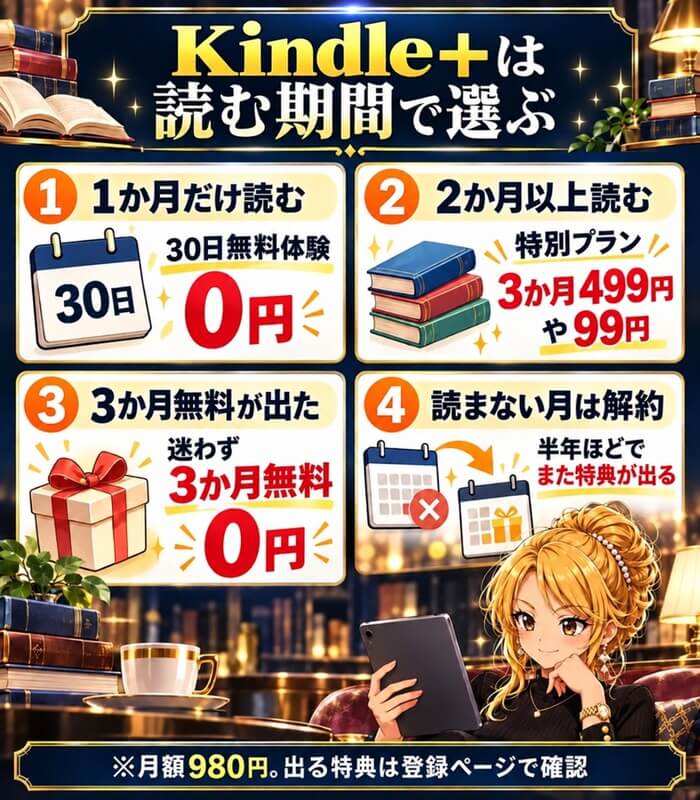Kindle+は読む期間で選ぶ。1か月だけなら30日無料体験、2か月以上なら特別プラン、3か月無料が出たら迷わず3か月無料