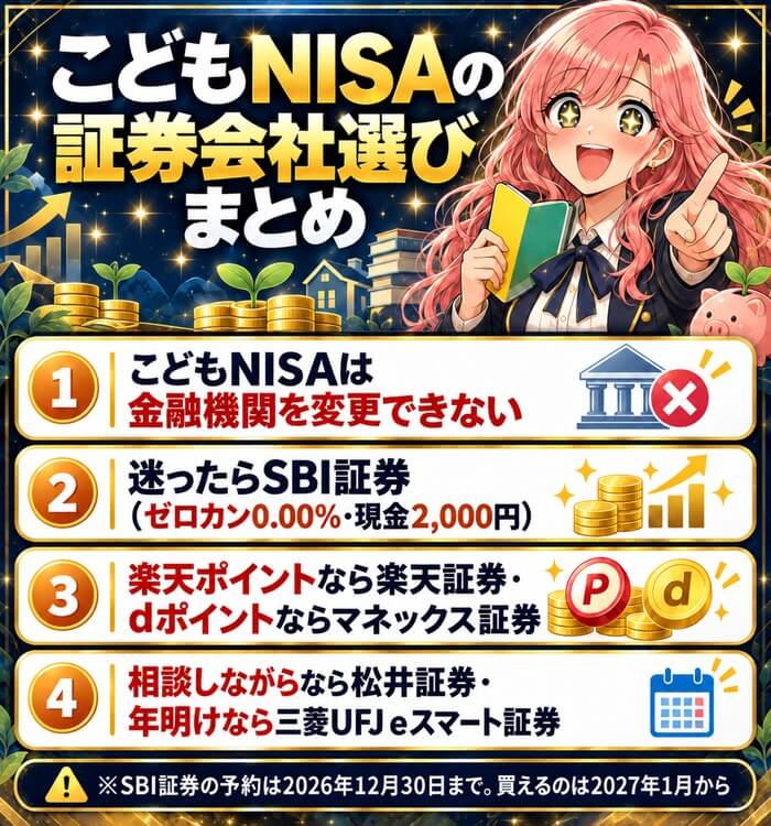 こどもNISAの証券会社選びまとめ(変更できない・迷ったらSBI証券・楽天ポイントなら楽天証券・dポイントならマネックス証券・相談なら松井証券)