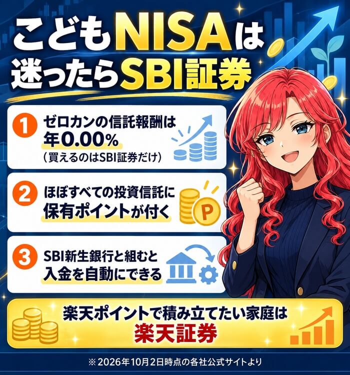 こどもNISAは迷ったらSBI証券(ゼロカン0.00%・保有ポイント・入金の自動化)