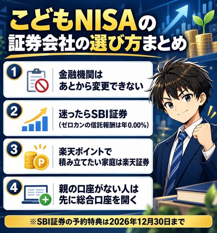 こどもNISAの証券会社の選び方まとめ(変更できない・迷ったらSBI証券)