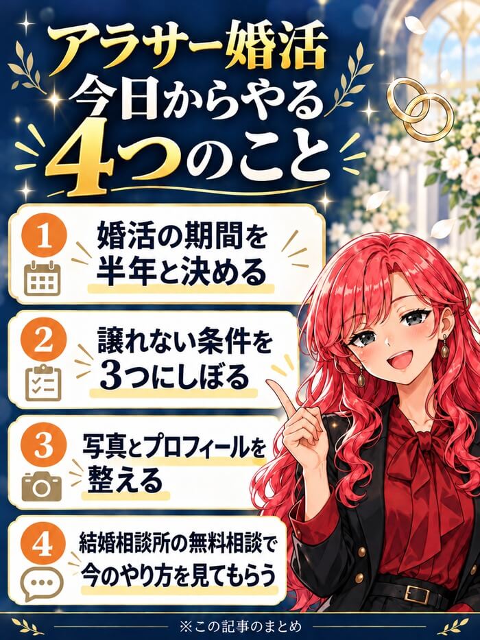 アラサー婚活で今日からやる4つのこと。①婚活の期間を半年と決める②譲れない条件を3つにしぼる③写真とプロフィールを整える④結婚相談所の無料相談で今のやり方を見てもらう
