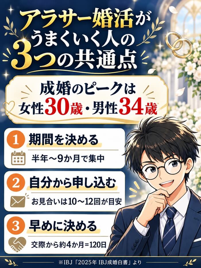 アラサー婚活がうまくいく人の3つの共通点。成婚のピークは女性30歳・男性34歳。①期間を決める(半年~9か月で集中)②自分から申し込む(お見合いは10~12回が目安)③早めに決める(交際から約4か月=120日)。IBJ「2025年 IBJ成婚白書」より