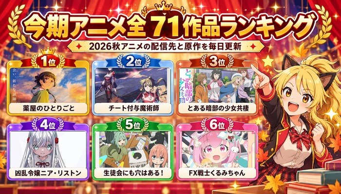 今期アニメ全71作品ランキング 上位6作品のキービジュアル