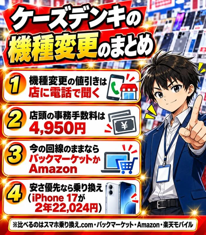 ケーズデンキの機種変更のまとめ。機種変更の値引きは店に電話で聞く、店頭の事務手数料は4,950円、今の回線のままならバックマーケットかAmazon、安さ優先なら乗り換え(iPhone 17が2年22,024円)
