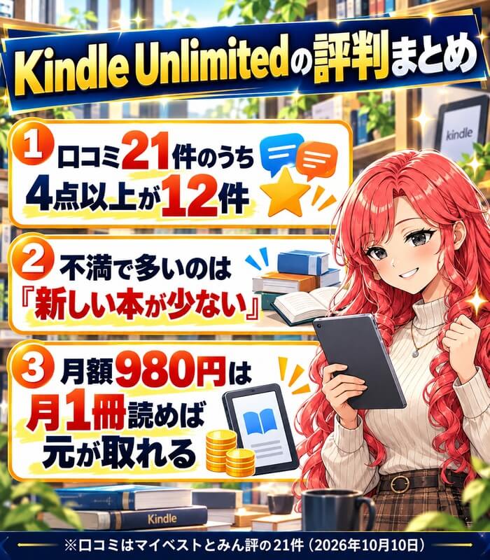 Kindle Unlimitedの評判まとめ。口コミ21件のうち4点以上が12件、不満で多いのは新しい本が少ないこと、月額980円は月1冊読めば元が取れる