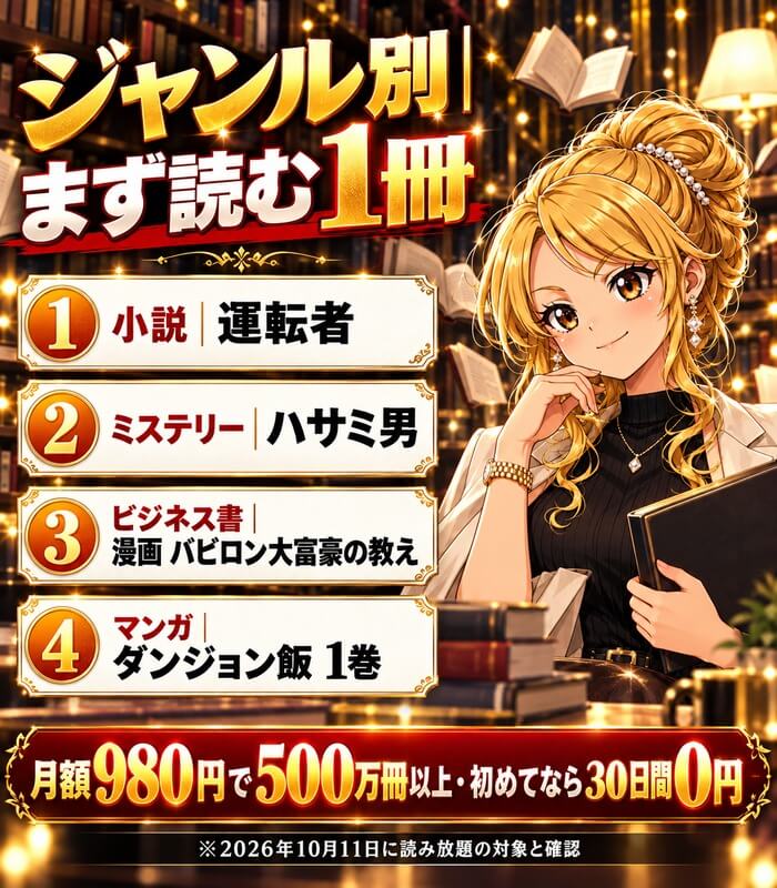 ジャンル別、まず読む1冊。小説は運転者、ミステリーはハサミ男、ビジネス書は漫画 バビロン大富豪の教え、マンガはダンジョン飯 1巻。月額980円で500万冊以上・初めてなら30日間0円