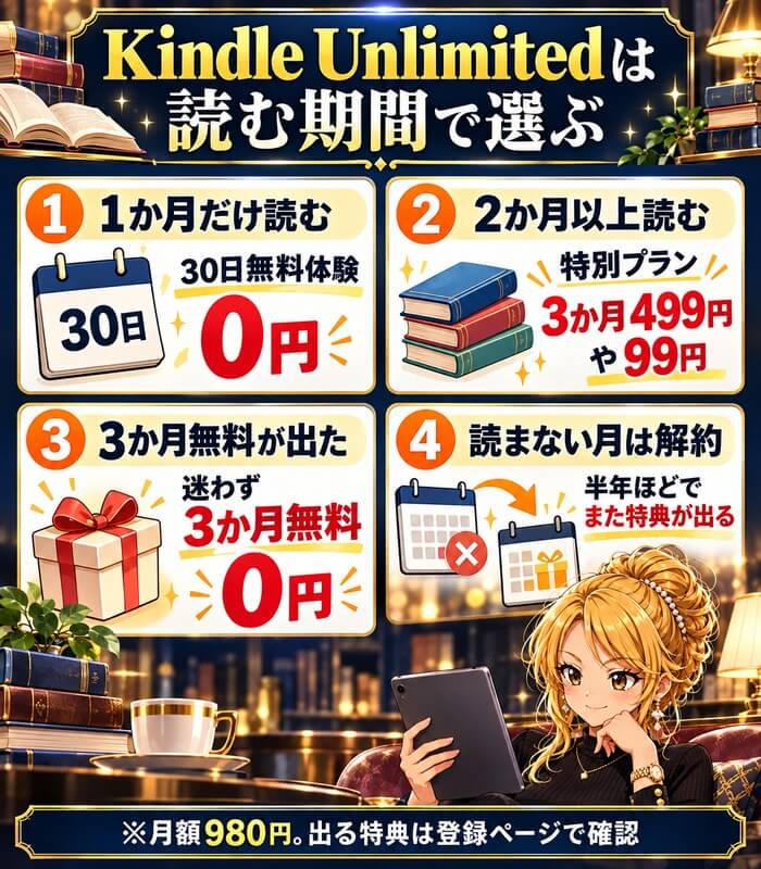Kindle Unlimitedは読む期間で選ぶ。1か月だけなら30日無料体験、2か月以上なら特別プラン、3か月無料が出たら迷わず3か月無料