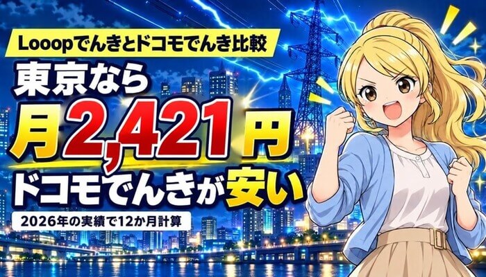 Looopでんきとドコモでんき比較。東京なら月2,421円ドコモでんきが安い（2026年の実績で12か月計算）