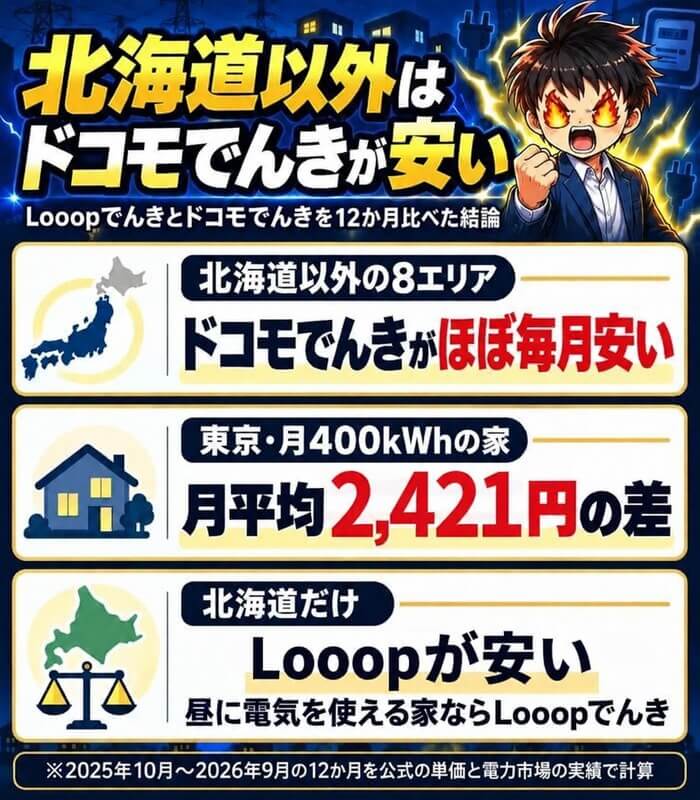 北海道以外はドコモでんきが安い。北海道以外の8エリアはドコモでんきがほぼ毎月安い・東京で月400kWhの家は月平均2,421円の差・北海道だけLooopが安い