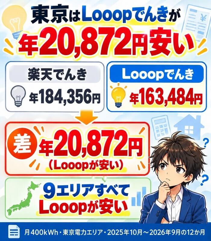 Looopでんきと楽天でんきの結論|東京はLooopが年20,872円安い