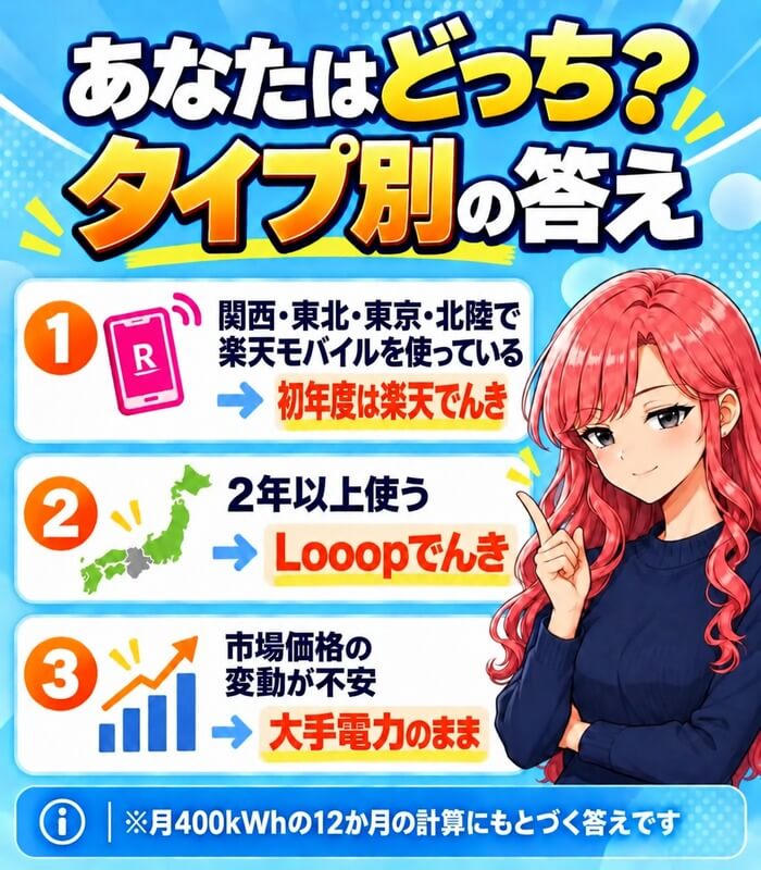 Looopでんきと楽天でんきのタイプ別の答え