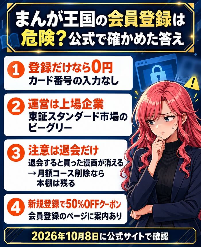 まんが王国の会員登録は危険?公式で確かめた答え。登録だけなら0円・運営は東証スタンダード市場のビーグリー・退会すると買った漫画が消えるが月額コース削除なら本棚は残る・新規登録で50%OFFクーポン