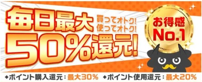 まんが王国公式サイトの「毎日最大50%還元」の画面。ポイント購入還元は最大30%、ポイント使用還元は最大20%