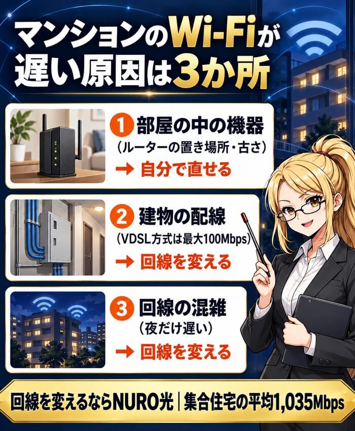 マンションのWi-Fiが遅い原因は3か所。部屋の中の機器は自分で直せる、建物の配線（VDSL方式は最大100Mbps）と回線の混雑は回線を変える。NURO光は集合住宅の平均1,035Mbps
