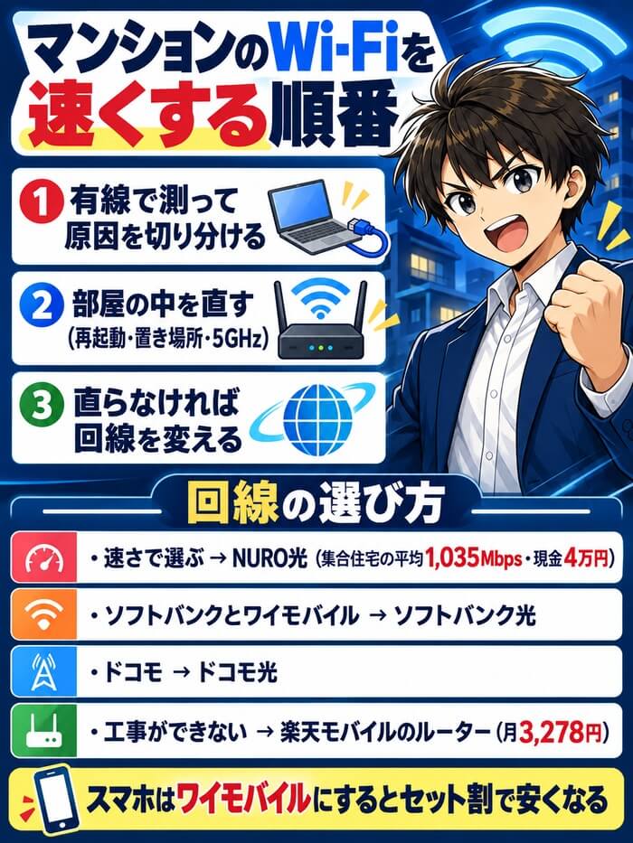 マンションのWi-Fiを速くする順番。有線で測って原因を切り分ける、部屋の中を直す、直らなければ回線を変える。速さで選ぶならNURO光、ソフトバンクとワイモバイルはソフトバンク光、ドコモはドコモ光、工事ができないなら楽天モバイルのルーター
