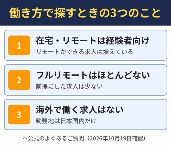 働き方で探すときの3つのこと。在宅・リモートは経験者向け、フルリモートはほとんどない、海外で働く求人はない