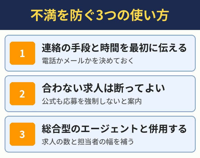 不満を防ぐ3つの使い方。連絡の手段と時間を最初に伝える、合わない求人は断ってよい、総合型のエージェントと併用する