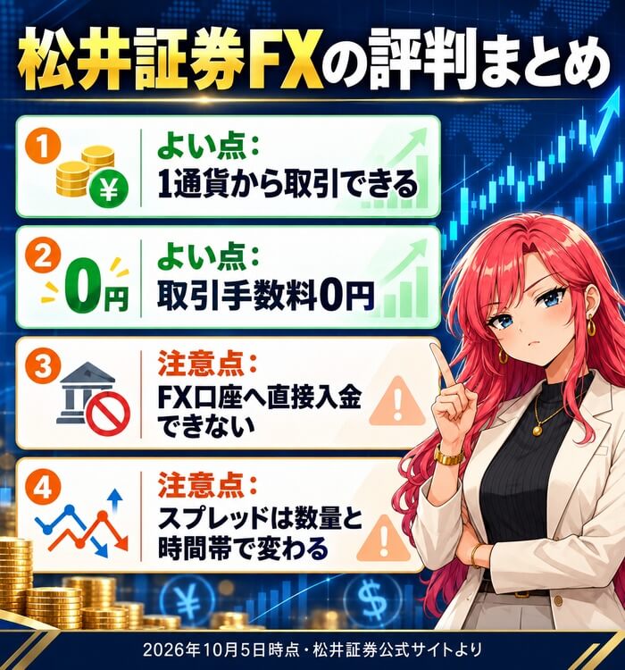 松井証券FXの評判まとめ(よい点は1通貨から取引できる・取引手数料0円、注意点はFX口座へ直接入金できない・スプレッドは数量と時間帯で変わる)2026年10月5日時点
