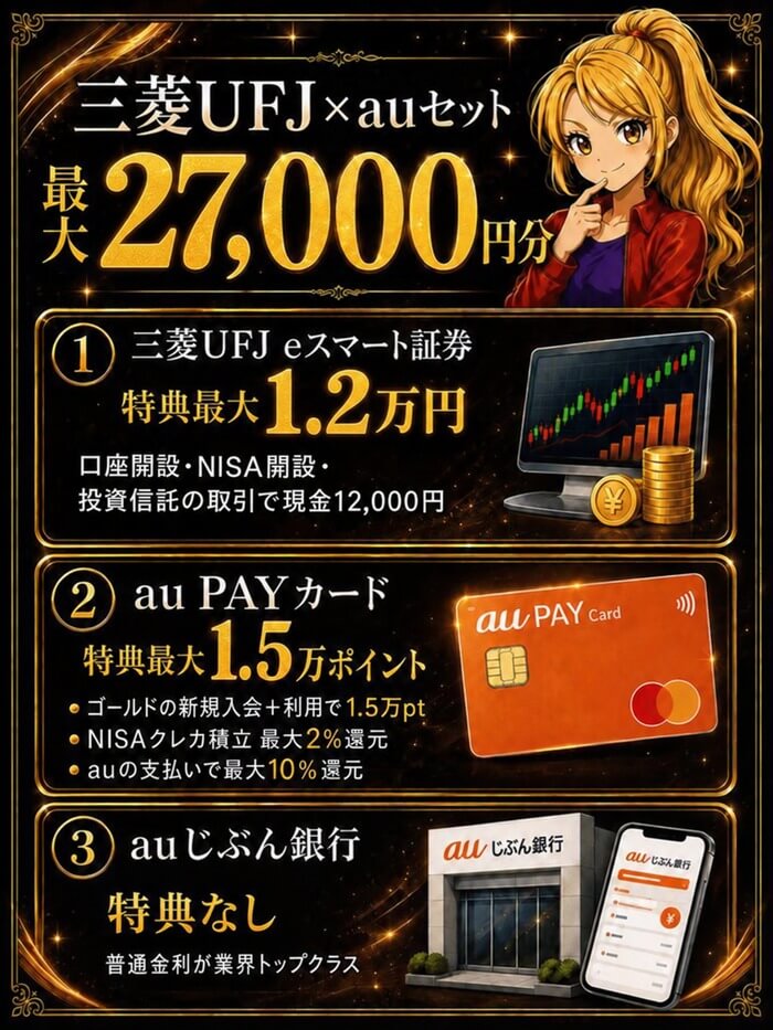 三菱UFJ×auセットで最大27,000円分。eスマート証券最大1.2万円・au PAYカード最大1.5万ポイント・auじぶん銀行は特典なし