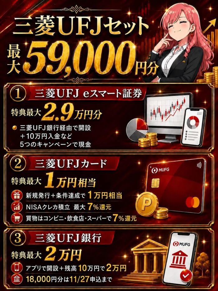 三菱UFJセットで最大59,000円分。eスマート証券最大2.9万円分・三菱UFJカード最大1万円相当・三菱UFJ銀行最大2万円