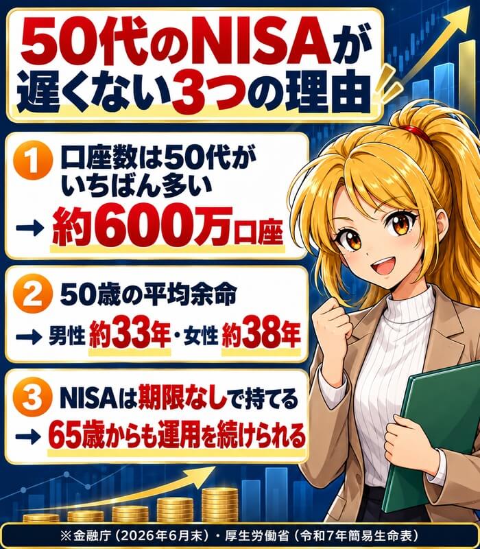 50代のNISAが遅くない3つの理由。口座数は50代が最多の約600万口座、50歳の平均余命は男性約33年・女性約38年、NISAは期限なしで持てる