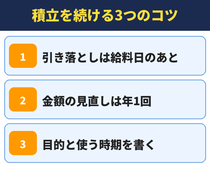 積立を続ける3つのコツ。引き落としは給料日のあと、金額の見直しは年1回、目的と使う時期を書く