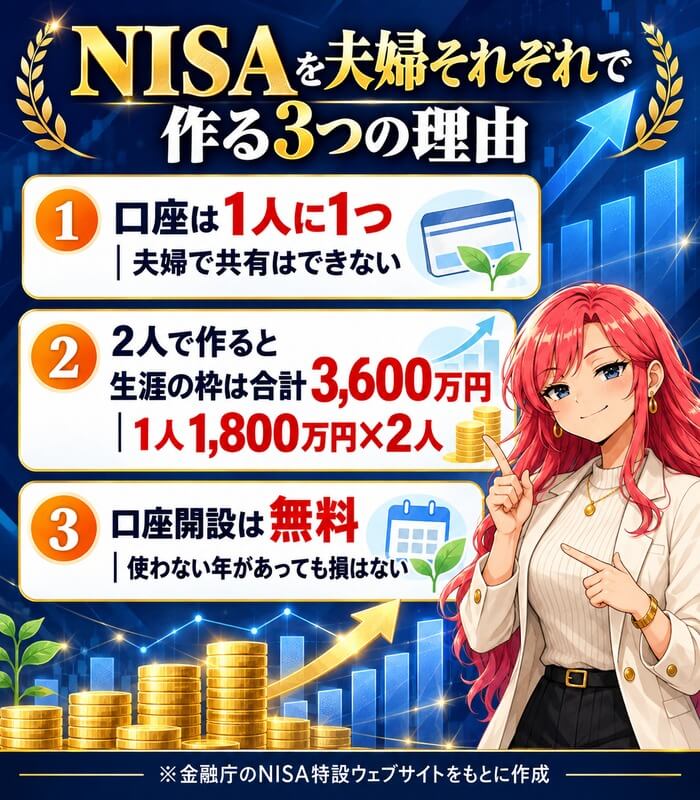 NISAを夫婦それぞれで作る3つの理由。口座は1人に1つで共有できない、2人で作ると生涯の枠は合計3,600万円、口座開設は無料で使わなくても損はない