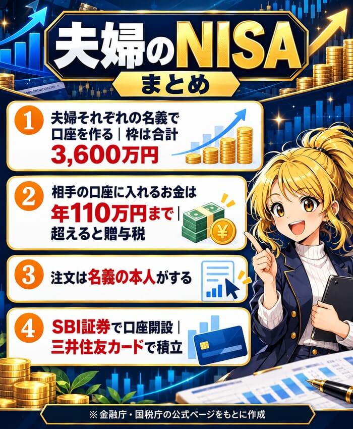 夫婦のNISAのまとめ。夫婦それぞれの名義で口座を作る、相手の口座に入れるお金は年110万円まで、注文は名義の本人がする、SBI証券で口座開設・三井住友カードで積立