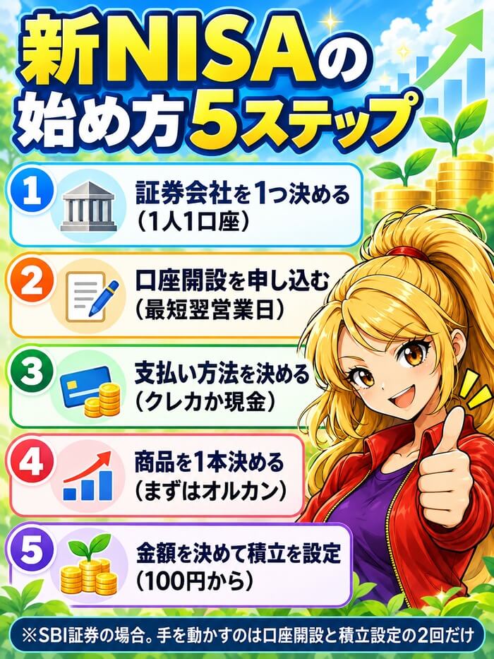 新NISAの始め方5ステップ。①証券会社を1つ決める(1人1口座)②口座開設を申し込む(最短翌営業日)③支払い方法を決める(クレカか現金)④商品を1本決める(まずはオルカン)⑤金額を決めて積立を設定(100円から)