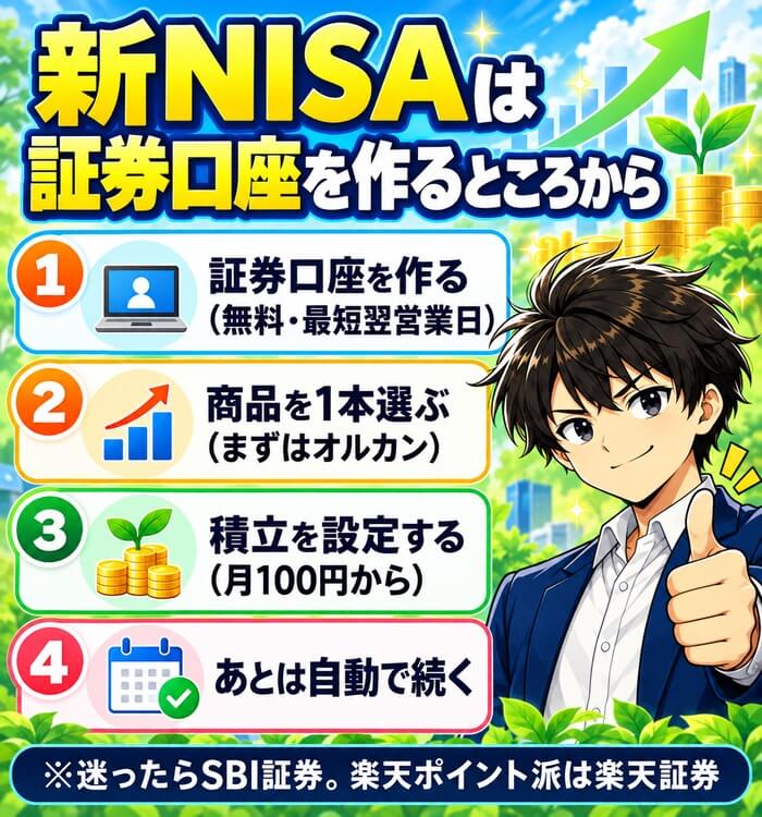 新NISAは証券口座を作るところから。①証券口座を作る(無料・最短翌営業日)②商品を1本選ぶ(まずはオルカン)③積立を設定する(月100円から)④あとは自動で続く。迷ったらSBI証券、楽天ポイント派は楽天証券