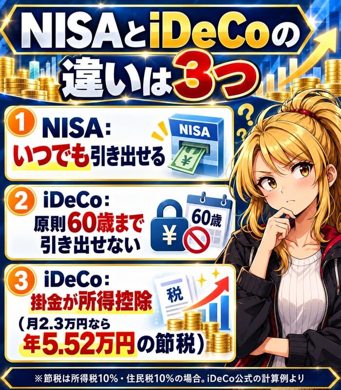 NISAとiDeCoの違い。NISAはいつでも引き出せる、iDeCoは原則60歳まで引き出せない、iDeCoは掛金が所得控除で月2.3万円なら年5.52万円税金が軽くなる