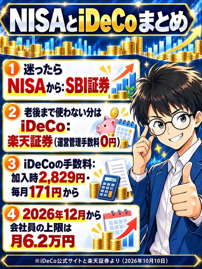 NISAとiDeCoのまとめ。迷ったらNISAから(SBI証券)、老後まで使わない分はiDeCo(楽天証券)、iDeCoは加入時2,829円と毎月171円から、2026年12月から会社員の上限は月6.2万円